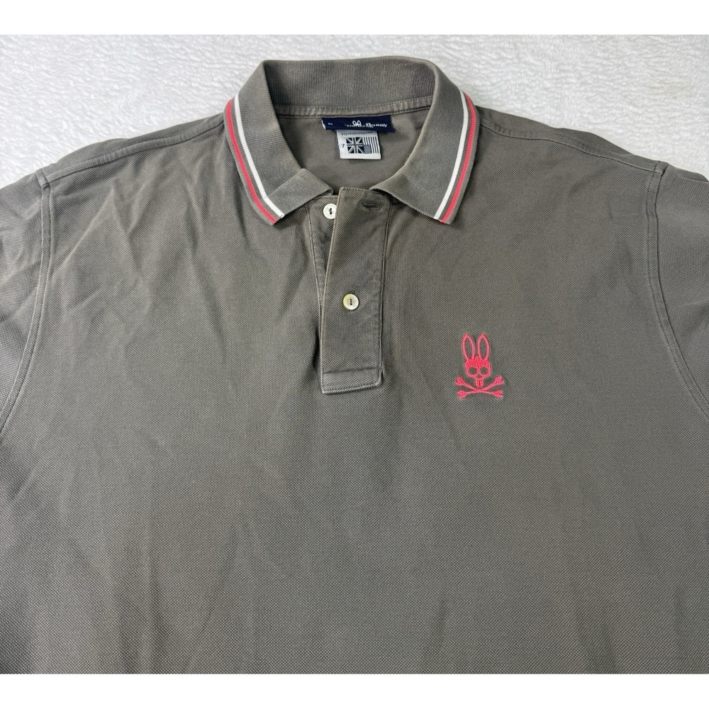 Psycho Bunny Polo Shirt Men Size 7 LARGE Gray Pink Bunny Pima Cotton